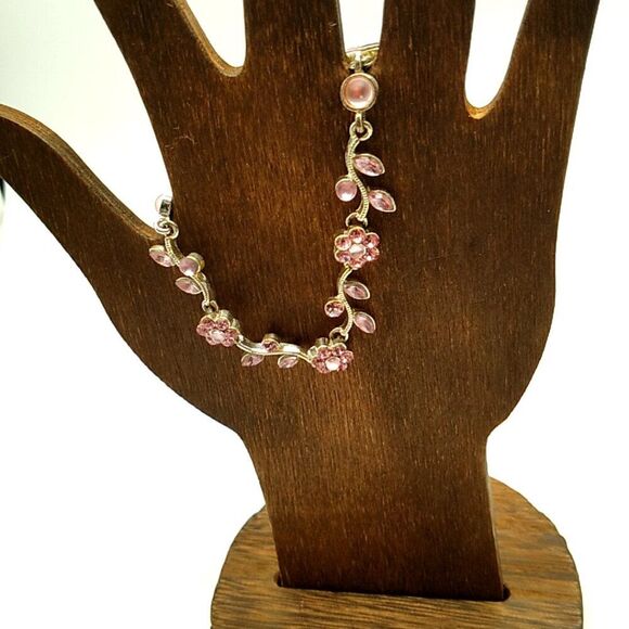Dainty Pink Crystal Flower Vine Silver-tone Bracelet - Picture 4 of 12